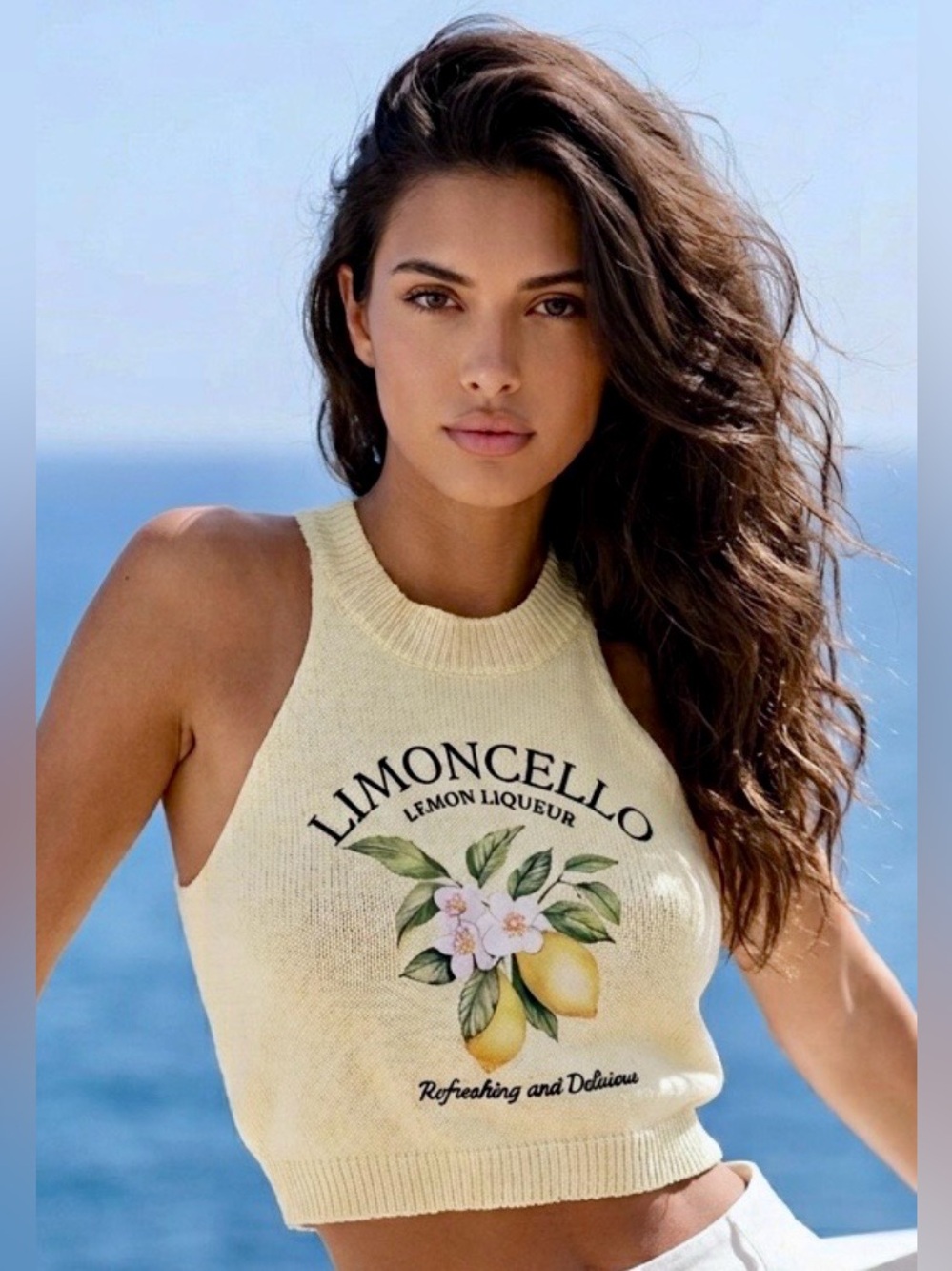 Chic Woman’s Limoncello Knit Halter Crop Top in Yellow M & L